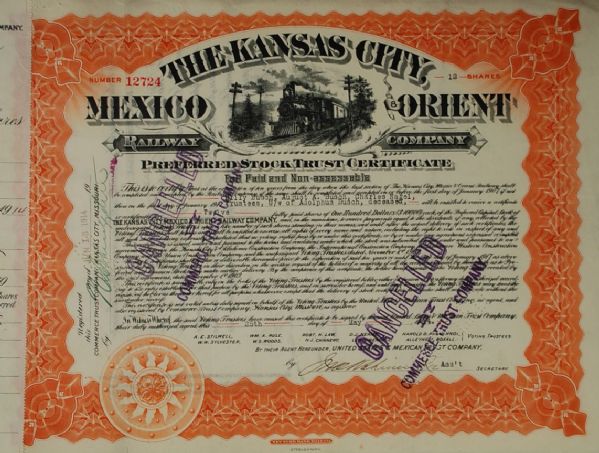 Kansas City, Mexico and Orien Railway Signed on Verso By August Busch son of Brewing Magnate Adolphus Bush