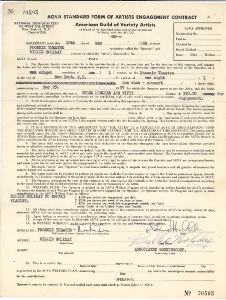 Incredible Billie Holiday's signed last Performance Contract 