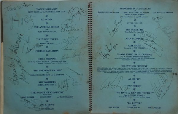 1942 Army Relief Program signed by 1940's Entertainments Greats, Including Al Jolson, Kate Smith, Ray Boldger, Harry James