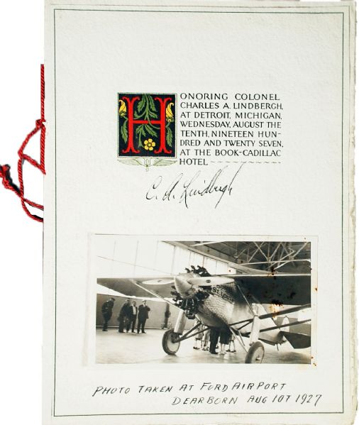 Charles A. Lindbergh Signed Menu, weeks after his May 21,1927 Flight
