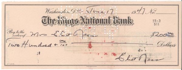 Eliot Ness Scarce Signed Bank Check
