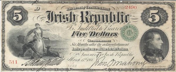 Rare Fenian $5 Bearer Bond, dated March 17, 1866 