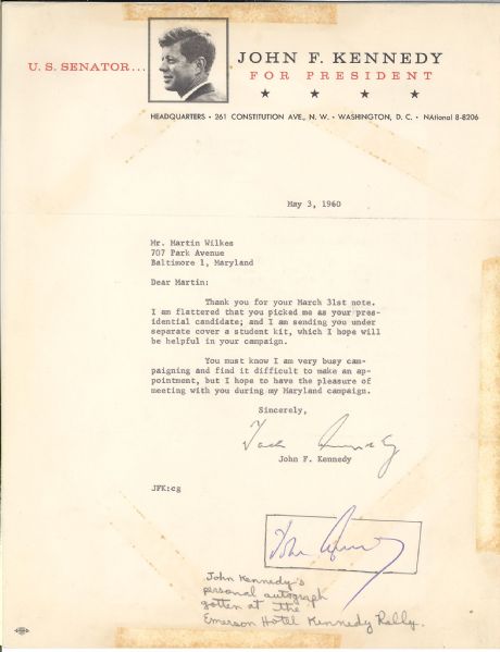 John F. Kennedy In Person Signed letter