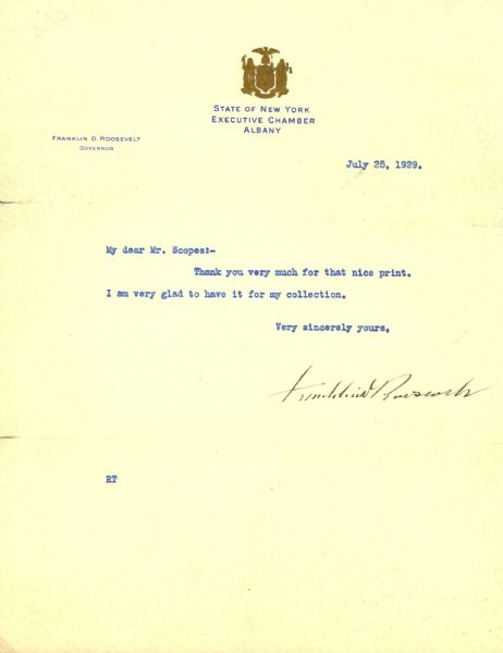 Franklin Roosevelt TLS as NYS Governor Thanks a Constituent for a Print, 1929 