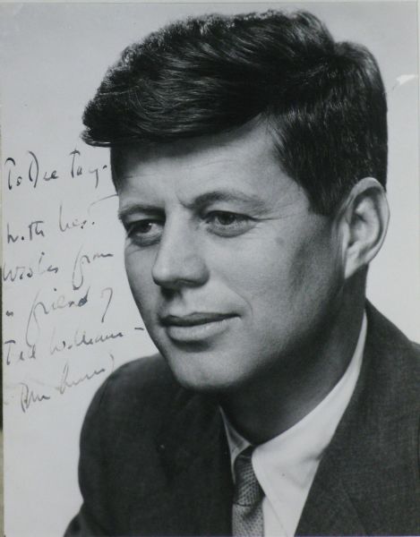 A JFK Signed Photo with deep ties to Baseball; Kennedy signs as “a friend of Ted Williams” to the young son of his best friend 