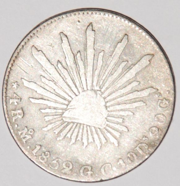 Mexico: Cap and Rays silver 4 Reales 1852-MO GC, rare