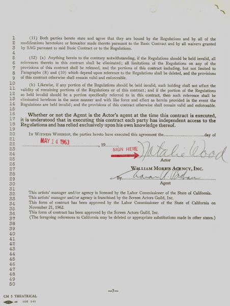 Natalie Wood Signed Contract