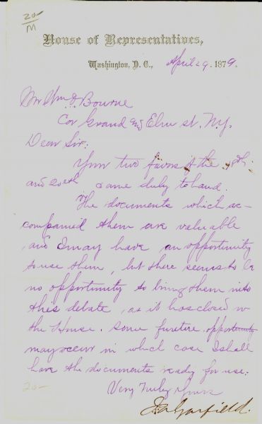 James Garfield Signed Letter