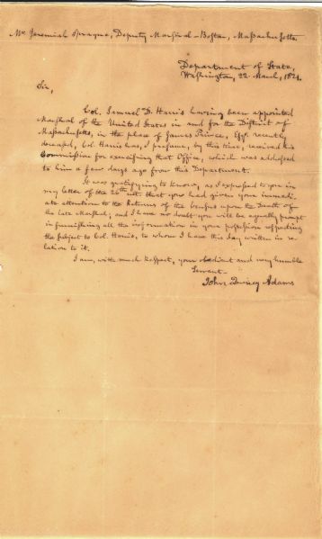 John Quincy Adams Letter about Deputy Marshall Appointment