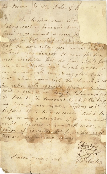 1754 letter signed by Dr. William Heberden