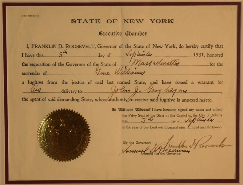 Franklin Delano Roosevelt, Executive Certification of Surrender of Fugitive
