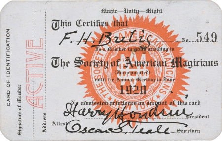 Harry Houdini Signed Magic Membership Card