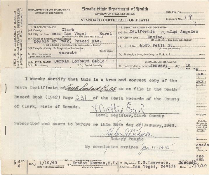Carol Lombard's Official Death Certificate