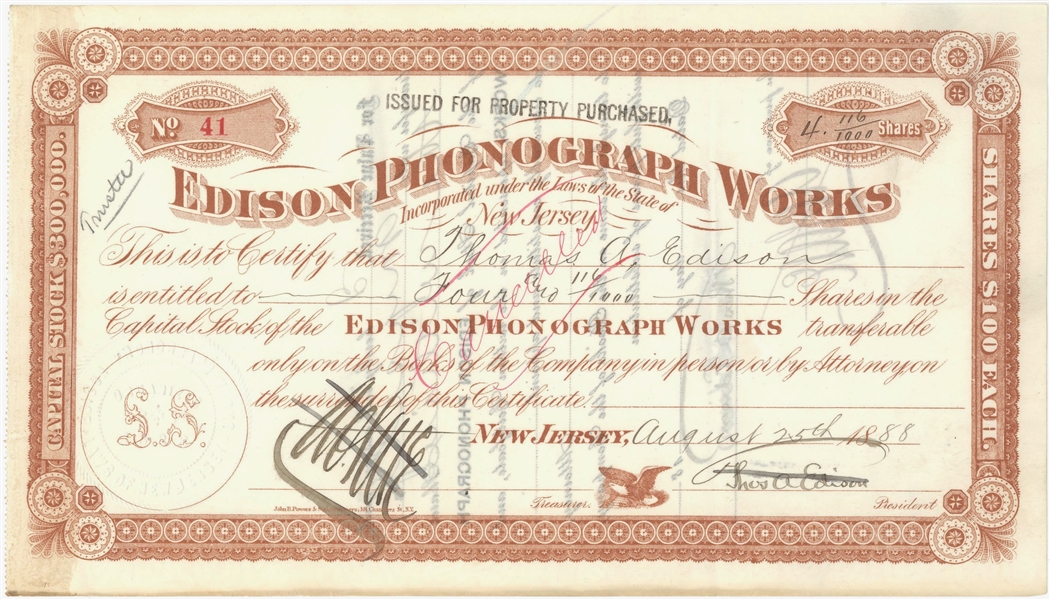 Thomas A. Edison Personal  Double Signed Edison Phonograph Works Stock Certificate