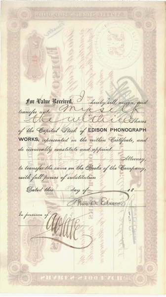 Thomas A. Edison Personal  Double Signed Edison Phonograph Works Stock Certificate