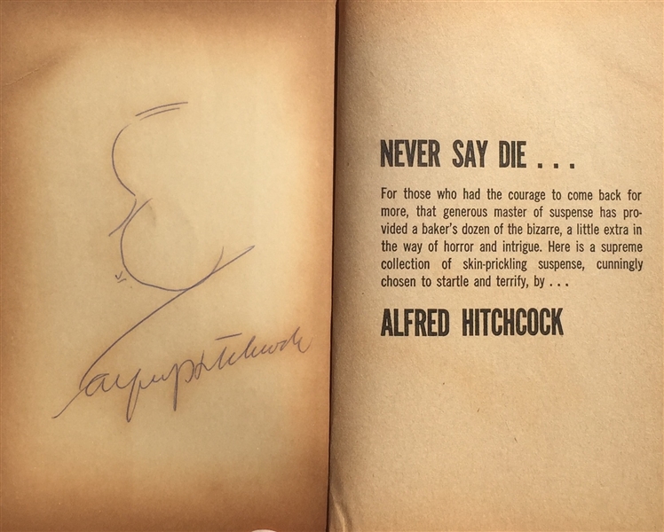 Alfred Hitchcock's Original Famous Profile Sketch and Signature in his book,a Baker's Dozen of Suspense Stories
