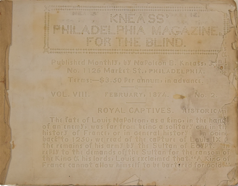 Extremely rare, original copy of Kneass' Philadelphia Magazine for the Blind, Volume VIII February, 1874
