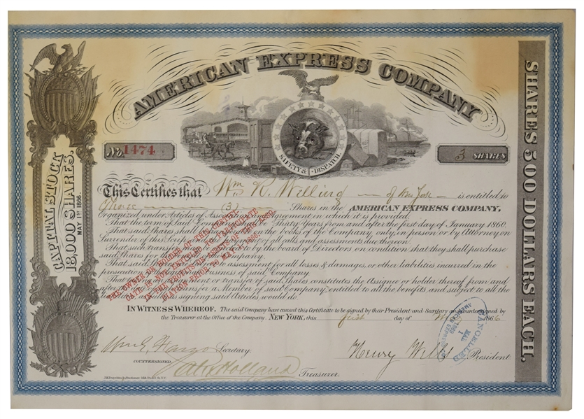 1866 American Express Stock Certificate Signed by Wells and Fargo