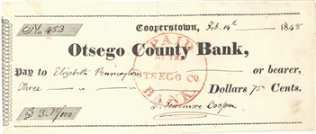 James Fenimore Cooper Signed Check