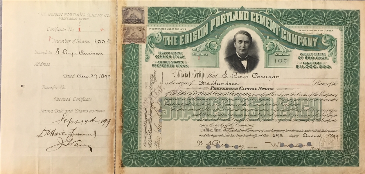 Edison Portland Cement Company, Mock-Up Template & Original Stock Certificate No. 1