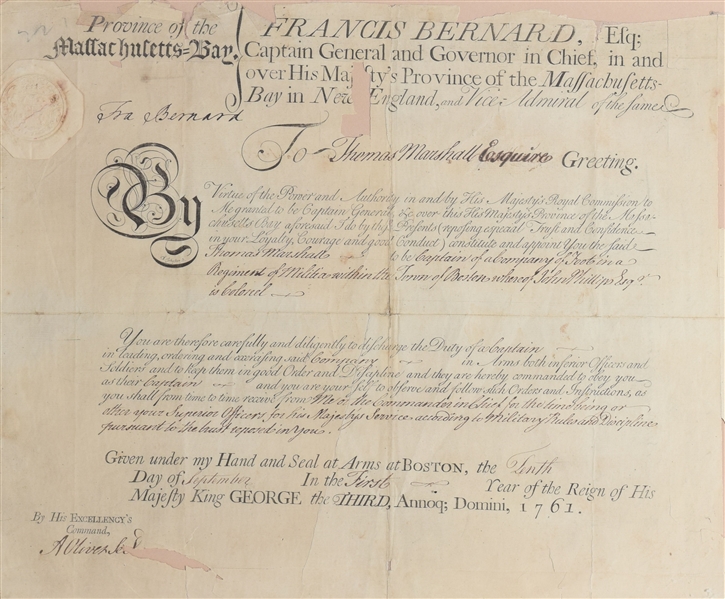 Rare FRANCIS BERNARD, British Colonial Governor and Andrew Oliver as Sect. Signed Appointment