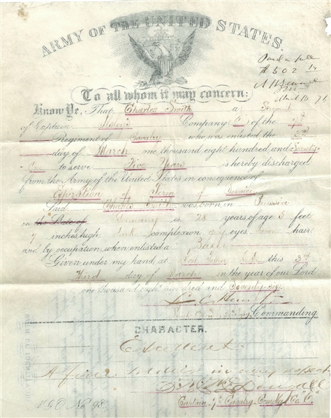 George A. Custer 7th  Calvary Appointment for Sergeant and Archive