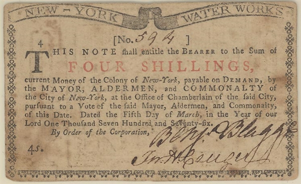 New York Water Works March 5, 1776 4 Shillings 