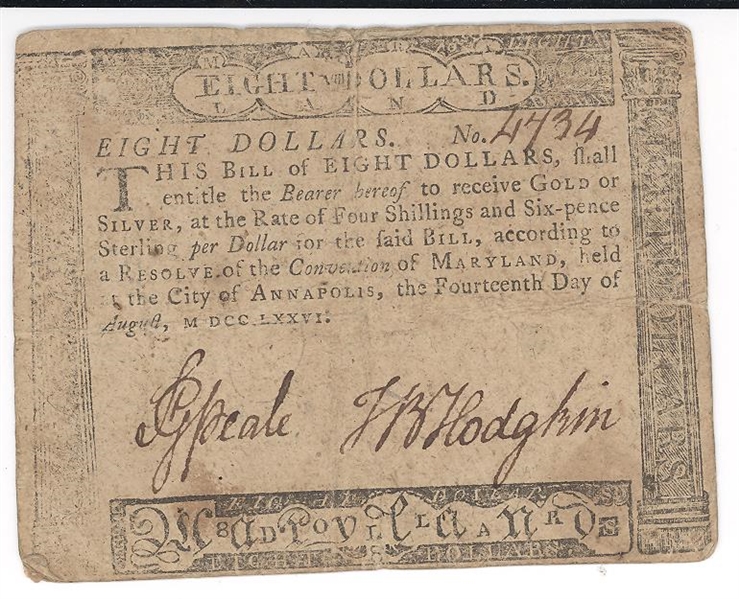 MARYLAND: August 14, 1776, Eight Dollars 