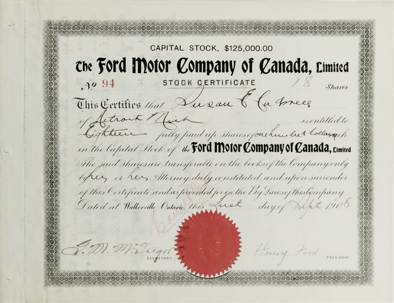 Ford Motor Company of Canada, Limited signed by Henry Ford