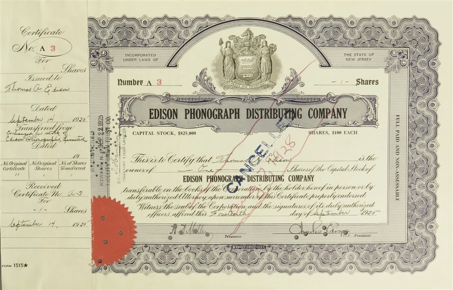 Edison Phonograph Distributing Company signed by T. Edison, C. Edison, and Henry Miller