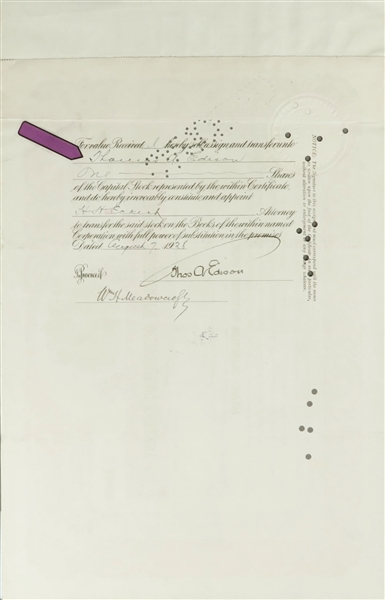Edison Phonograph Distributing Company signed by T. Edison, C. Edison, and Henry Miller