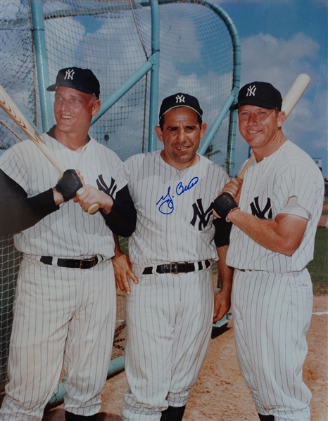 Large Color photo of Yankee Greats Mantle, Maris & Berra signed By Berra