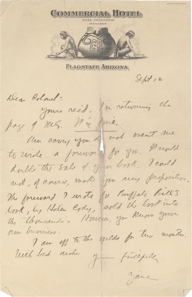Zane Grey Interesting letter, about Buffalo Bill's book and sales.