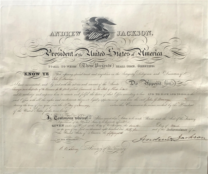 Andrew Jackson & Robert B. Taney Uncommon Signed Appointment