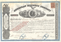 1866 American Express Stock Certificate Signed by Wells and Fargo  --- American Merchants Union Express Company Stock