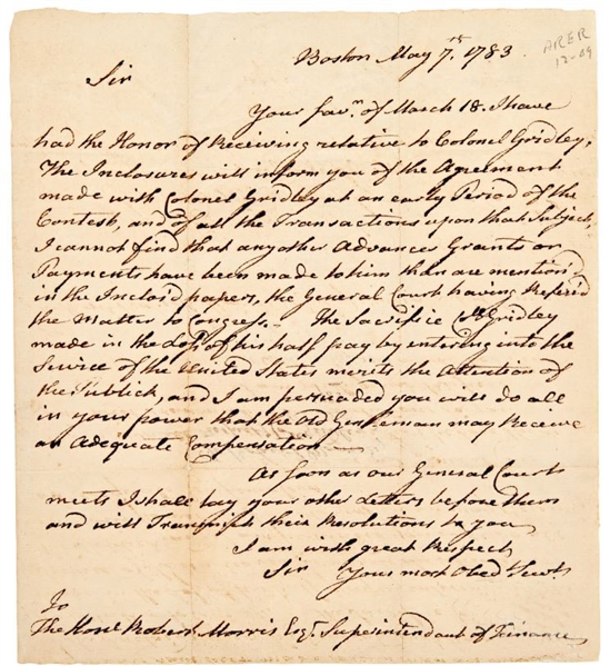 Important John Hancock Autograph Letter to Robert Morris