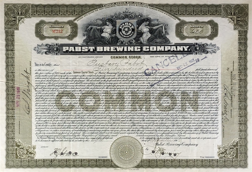 Pabst Brewing Company Common Stock Singed by Gustave G. Pabst