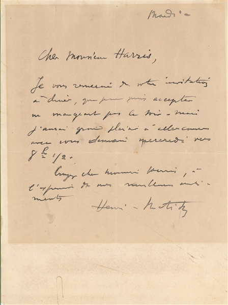 Henri Matisse Letter