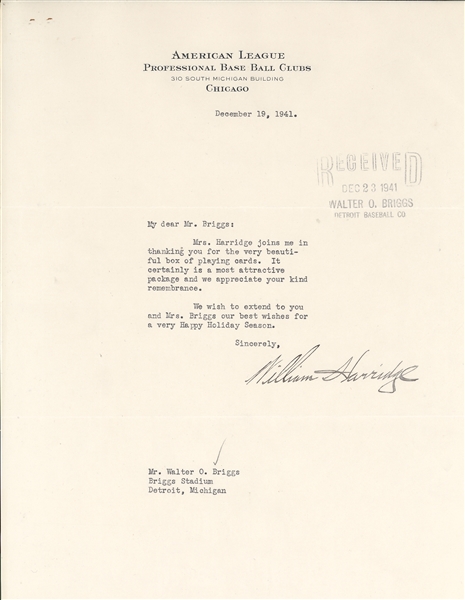 Collection of William Harridge Typed Letters Signed - Former baseball commissioner and Baseball HOF'er