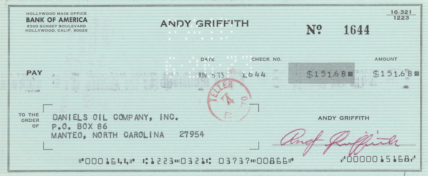 Andy Griffith Signed Check