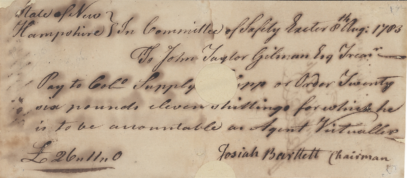 Josiah Bartlett signed payment for the Committee of Safety