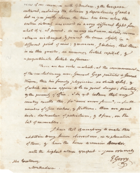 Important Elbridge Gerry Copy Letter Portion to James Madison