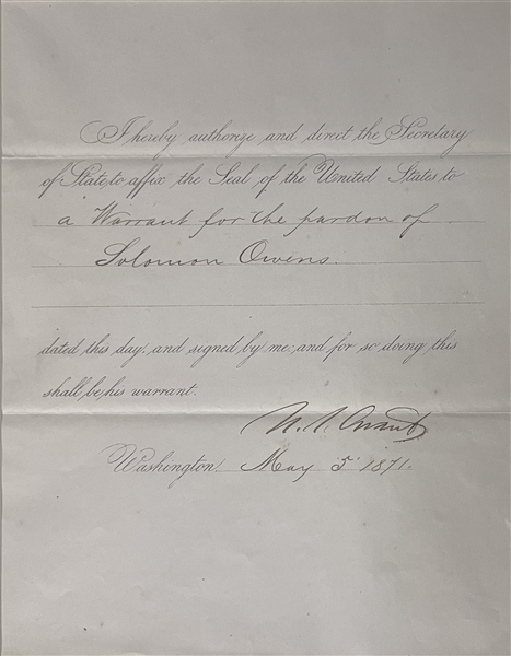 U. S. Grant Signed Pardon for a Solomon Ownes