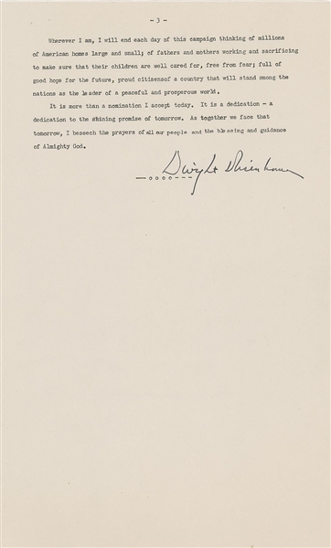 Scarce  Signed souvenir typescript of Dwight D. Eisenhower's Acceptance Address for the Presidential Nomination