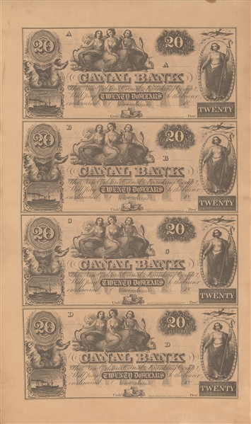 New Orleans Canal & Banking Compy- 3 Uncut Sheets of $10, $20, $100