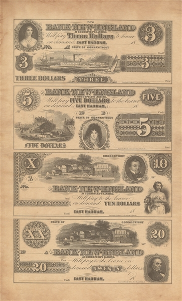 Bank of New-England at Goodspeed's Landing $3-$5-$10-$20 Uncut Sheet