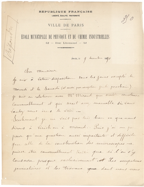 Pierre Curie Rare Letter