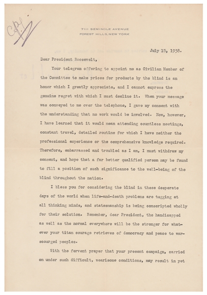 Helen Keller Typed Letter Signed to President Franklin D. Roosevelt , Fantatic Content