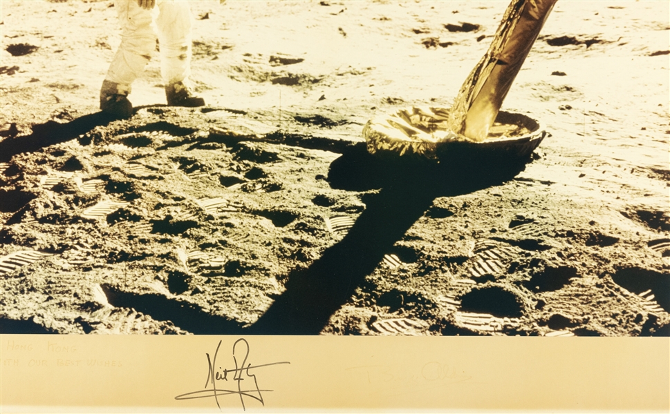 Neil Armstrong and Buzz Aldrin Signed Oversized Lunar Surface Photo on Presentation Mat