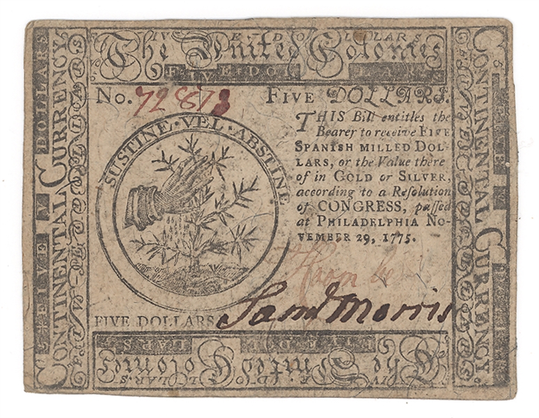 Revolutionary War $5 Continental Currency Signed by Sam Morris, Dated Nov 29, 1775